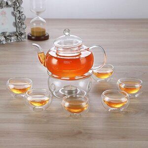Kendal 27 oz glass filtering tea maker teapot with a warmer and 6 tea cups CJ-80